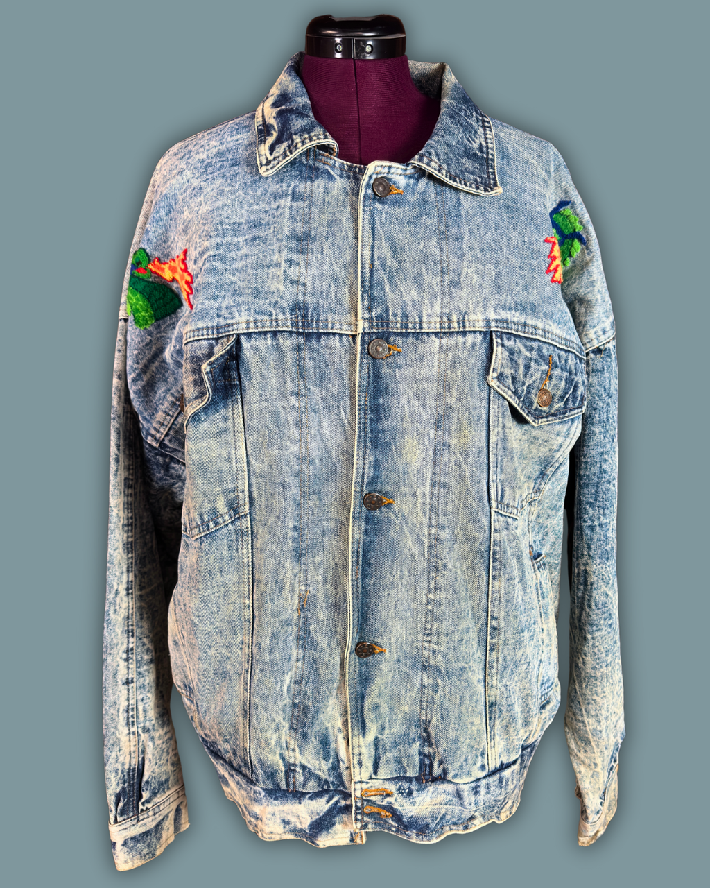 Dragon Embroidered Acid Wash Denim Jacket