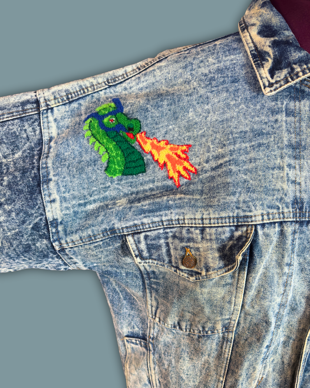 Dragon Embroidered Acid Wash Denim Jacket