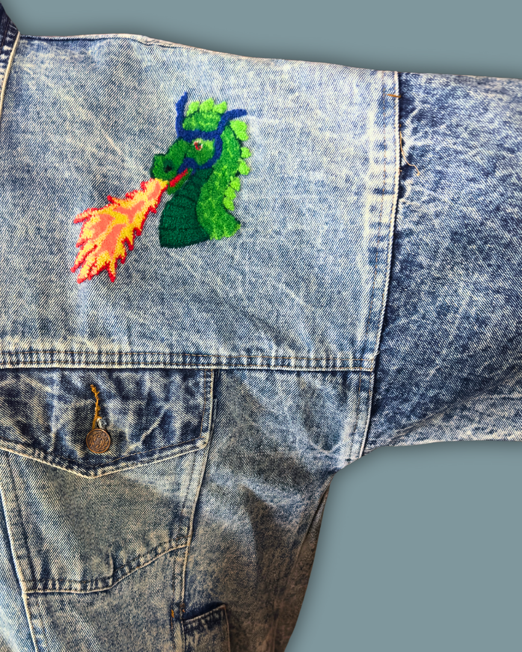 Dragon Embroidered Acid Wash Denim Jacket