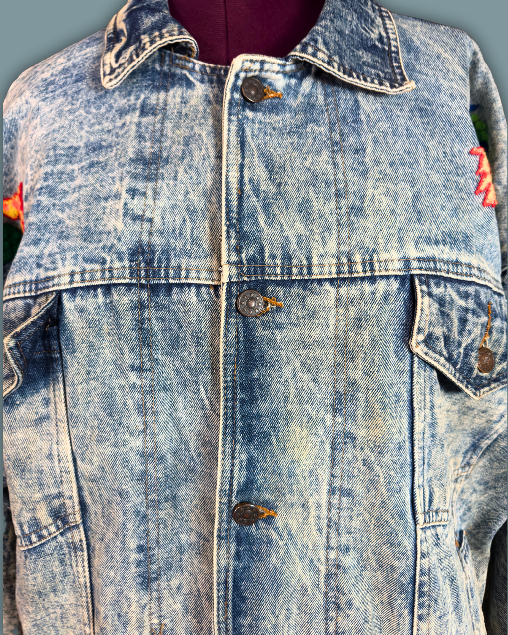 Dragon Embroidered Acid Wash Denim Jacket
