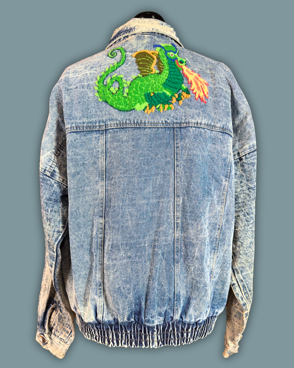Dragon Embroidered Acid Wash Denim Jacket