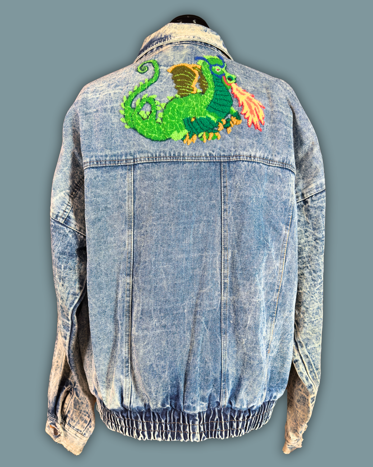 Dragon Embroidered Acid Wash Denim Jacket