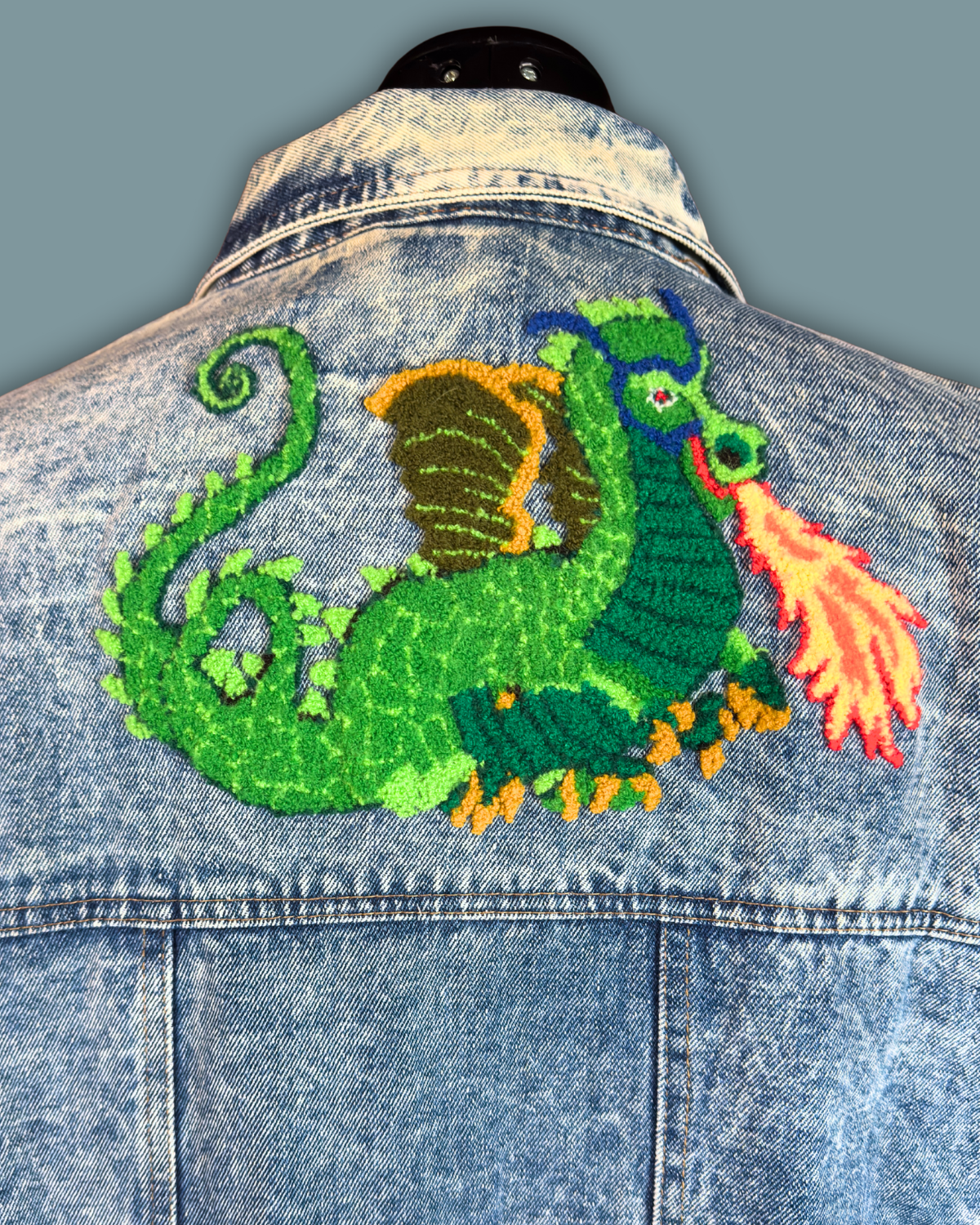 Dragon Embroidered Acid Wash Denim Jacket